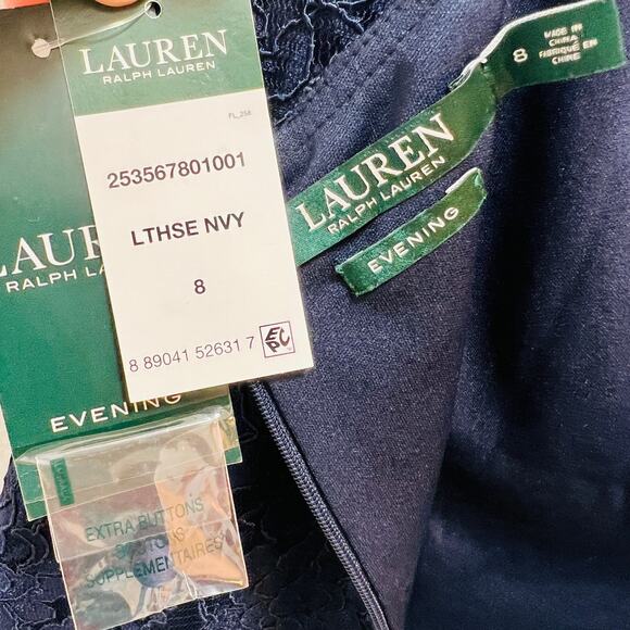 $398 RALPH LAUREN Lace & Floral Print Navy Blue Dress Gown – Size 8 / Medium - Picture 6 of 10